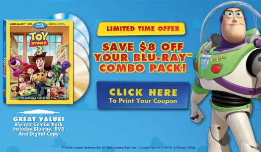 Toy Story 3 Blu-ray/DVD Combo Pack $8 Off Coupon