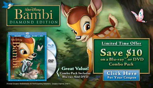 Disney Movie Rewards currently has a $10 off coupon for the Bambi Diamond Edition Combo Pack!