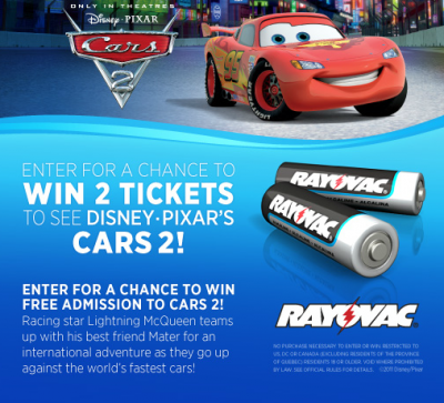 Win free movie tickets in Rayovac's Cars 2 Giveaway!