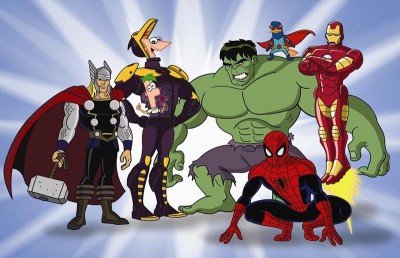 THOR, FERB, PHINEAS, HULK, SPIDER-MAN, PERRY THE PLATYPUS, IRON MAN