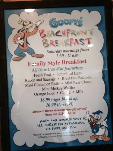 Goofy's Beachfront Breakfast menu board.