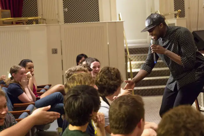 (Dec. 31, 2015): Kevin “K.O.” Olusola, cello beatboxer for the Grammy Award-winning vocal quintet Pentatonix, surprised Disney Performing Arts students Dec. 29, 2015, with a guest appearance at Disney’s Saratoga Springs Resort. Olusola visited with students taking part in the “Disney Sings” musical workshop during his recent visit to Walt Disney World Resort. Disney's Saratoga Springs Resort & Spa is located at Walt Disney World Resort in Lake Buena Vista, Fla. (Mariah Wild, photographer)
