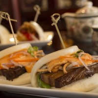 Braised Pork Belly Served with Chili Aioli on steamed buns