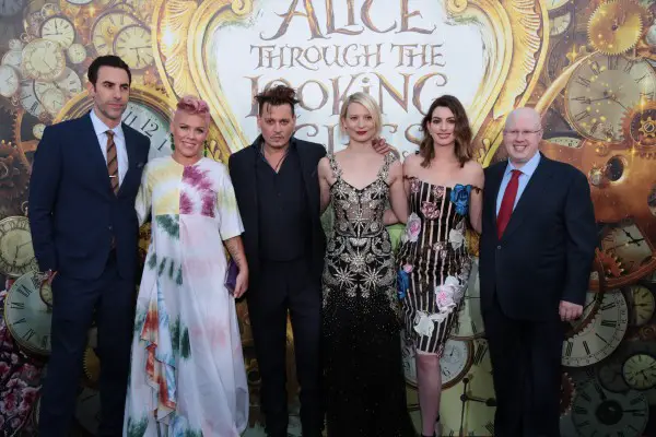 Sacha Baron Cohen, Pink, Johnny Depp, Mia Wasikowska, Anne Hathaway and Matt Lucas pose together at The US Premiere of Disney's "Alice Through the Looking Glass" at the El Capitan Theater in Los Angeles, CA on Monday, May 23, 2016. .(Photo: Alex J. Berliner/ABImages)