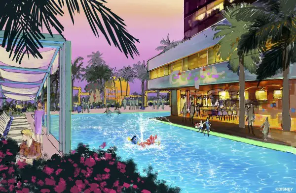 Concept art of one of the two pool areas proposed for the new luxury hotel at Disneyland Resort