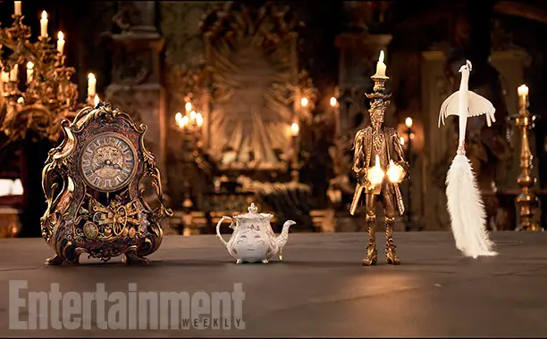 Beauty and the Beast (2017) The mantel clock Cogsworth, the teapot Mrs. Potts, Lumiere the candelabra and the feather duster Plumette
