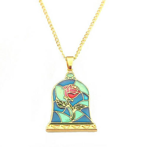 Beauty and the Beast Stained Glass Enchanted Rose Necklace