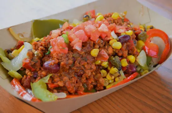 Fairfax Fare Offering 7-Layer Rice Bowl with Vegan Chili